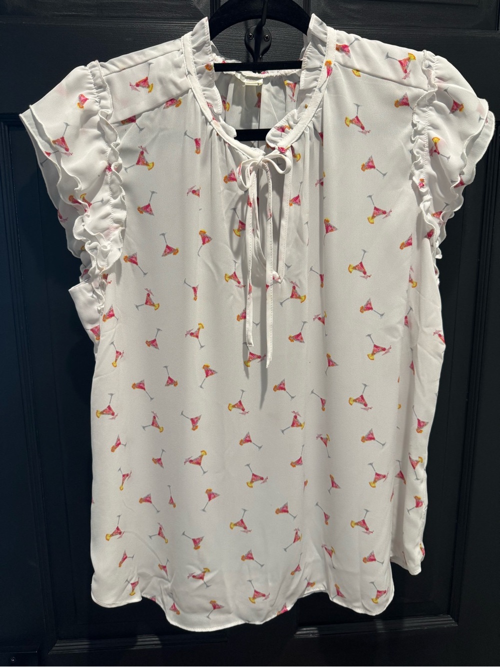Women's White Ruffle Sleeve Tie-Neck Blouse with Pink Cosmo Drink Print